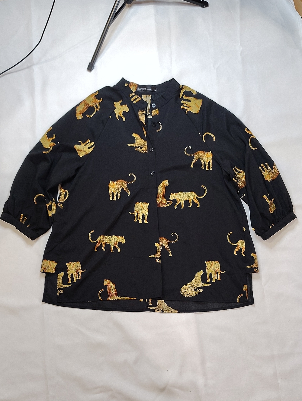 Zanzea Women's Tunic Blouse Size XXL Black And Gold 3/4 Sleeves  Jaguar Print